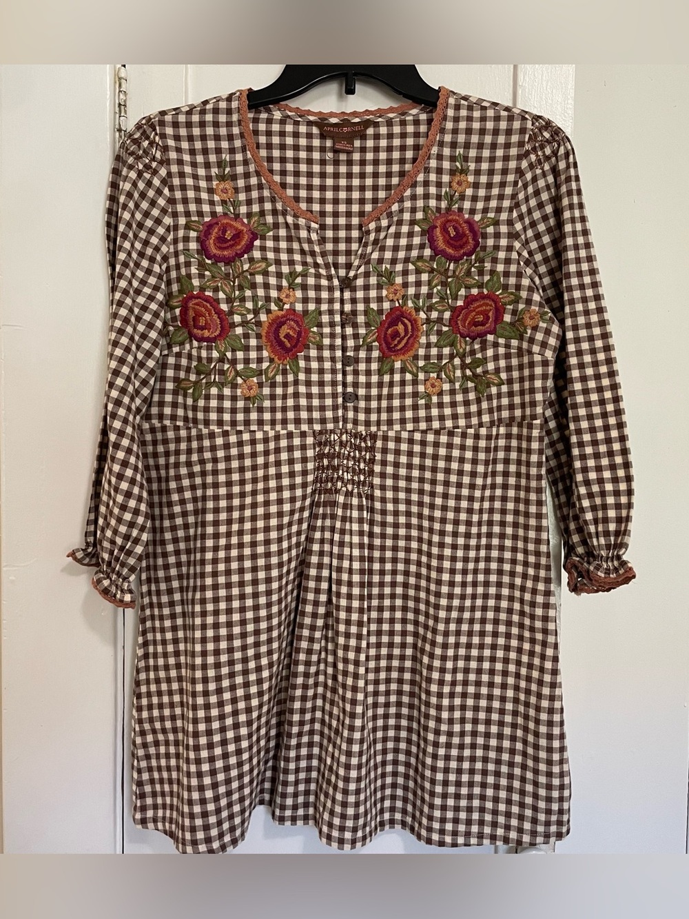 April Cornell Brown Gingham Floral Embroidered Tunic xs